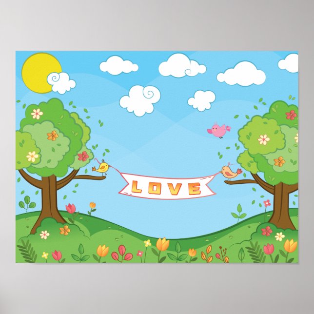 Affiche Croire à l'amour gentille arbres Fleurs Oiseaux (Devant)
