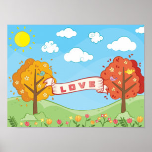 Affiche Croire à l'amour gentille arbres Fleurs Oiseaux