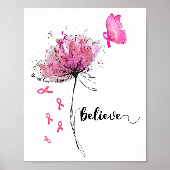 Affiche Croire le papillon des fleurs rose Ribbon cancer d (Devant)