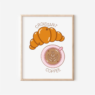 Affiche Croissant et café dessinés à la main - Art pour cu