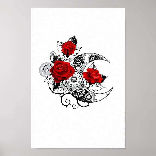 Affiche Croissant Mécanique avec Roses Rouges (Devant)