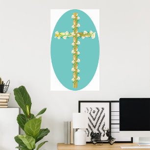 Affiche Croix de Pâques élégante en or avec lis blancs