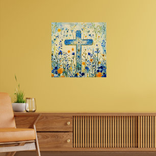 Affiche Croix de Pâques par champ de fleurs