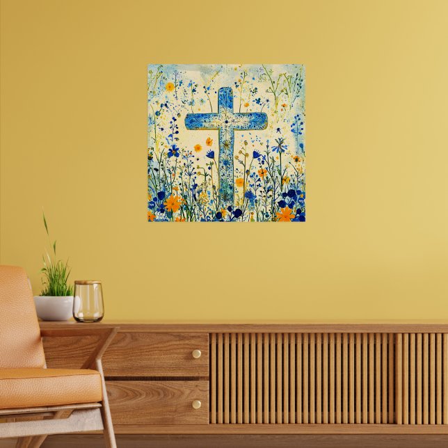 Affiche Croix de Pâques par champ de fleurs (Salon 2)