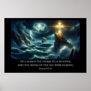 Affiche Croix d'or qui guide un navire sur une mer orageus