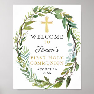 Affiche Croix d'or Verdure Wreath Première Communion saint