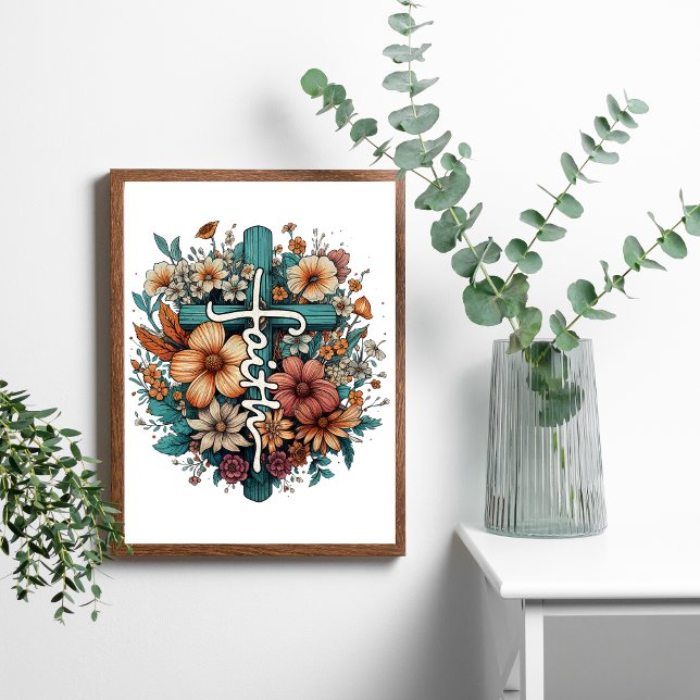 Affiche Croix Fleurie de Foi Religieuse Chrétienne (Faith written on a Cross with Flowers wall art poster print. Or Digital Download)