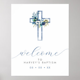 Affiche Croix Florale Bleue - Script moderne Bienvenue
