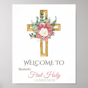 Affiche Croix Florale d'or Première communion sainte