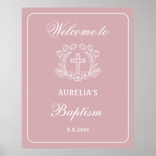 Affiche Croix florale simple sur Baptême rose Bienvenue