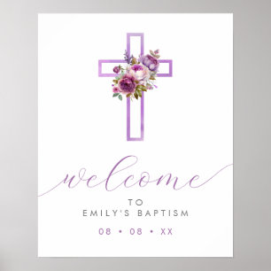 Affiche Croix florale violette - Script moderne Bienvenue
