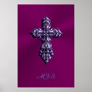 Affiche Croix gothique à l'apparence bossée en violet avec