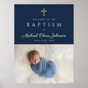 Affiche Croix Religieuse Bleue Élégante Garçon Baptême Bie