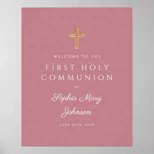 Affiche Croix religieuse rose Première communion de fille