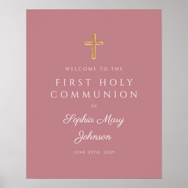 Affiche Croix religieuse rose Première communion de fille  (Devant)