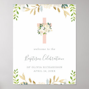 Affiche Croix rose et fleurs blanches Bienvenue au baptê