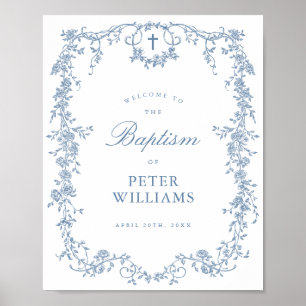 Affiche Croix Vintage bleue Baptême de bienvenue