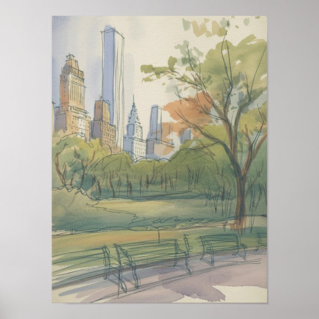 Affiche Croquis aquarelle du parc de Lower Manhattan (Devant)