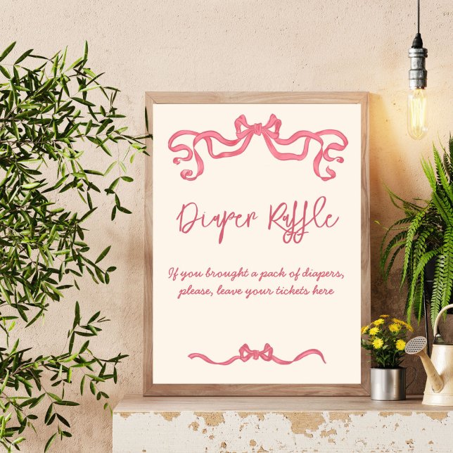 Affiche Croquis arc-en-ciel rose baby shower signe de tomb (Pink ribbon vintage bow sketch baby shower diaper raffle table sign personalized decor)