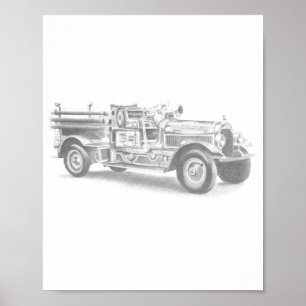 Affiche croquis au crayon de camion de pompiers vintage de