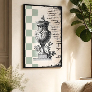 Affiche Croquis Classique Urne Vert Sauge à Carreaux