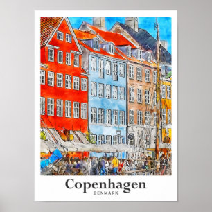 Affiche Croquis d'aquarelle de Copenhague Danemark