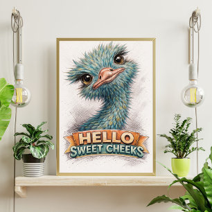 Affiche Croquis d'autruche bleue mignonne – “Bonjour, joli