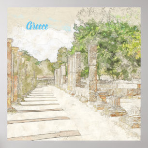 Affiche Croquis de ruines en Olympia antique, Elis, Grèce