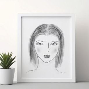 Affiche Croquis de visage de femme noir et blanc pour mur