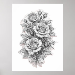 Affiche Croquis délicat de bouquet de roses romantiques
