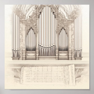 Affiche Croquis d'orgue à tuyaux vintage et partition anti