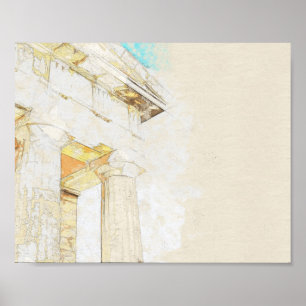 Affiche croquis d'une partie portique du temple antique