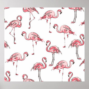 Affiche Croquis Flamant rose : Motif Vintage tropical.