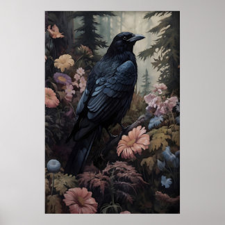 Affiche Crow And Flowers Vintage Poster, Dark Academia