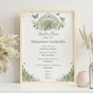 Affiche Crown Sage Green Floral Quinceanera Bar Boisson Me