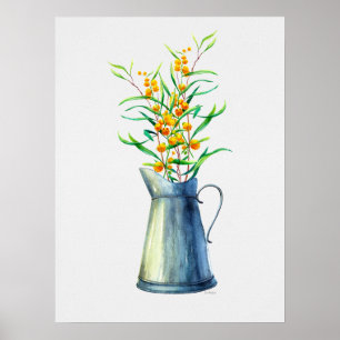 Affiche Cruche jaune bleue botanique d'aquarelle
