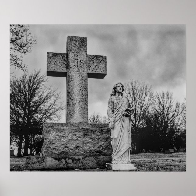 Affiche Crucifix et ange en noir et blanc  (Devant)