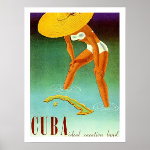 Affiche Cuba, Île, fille en bikini dans grand casquette ja