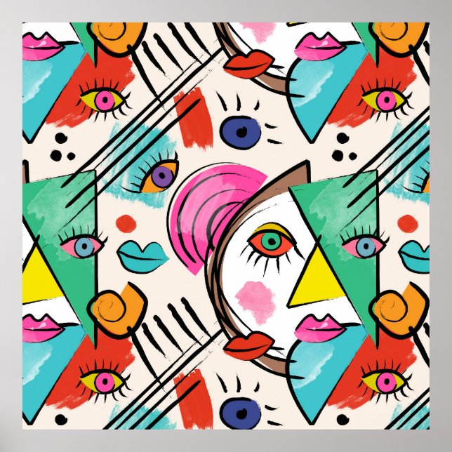 Affiche Cubisme moderne Artsy Abstrait Femme Visages Art (Devant)