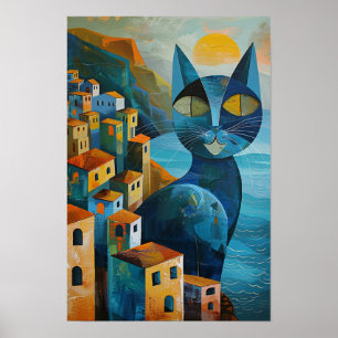 Affiche Cubist Blue Cats : Art marin Méditerranéen
