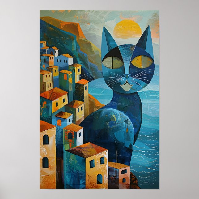 Affiche Cubist Blue Cats : Art marin Méditerranéen (Devant)