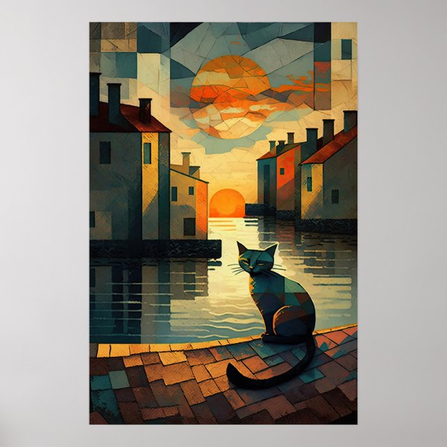 Affiche Cubist Chat : Coucher de soleil sur les eaux vénit (Devant)