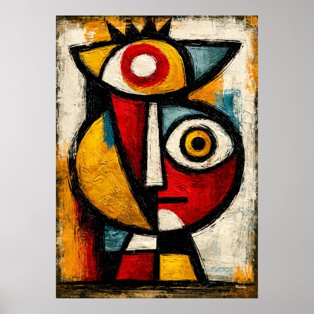 Affiche Cubiste Primitif Gardien Gras Abstrait Géométrique (Devant)