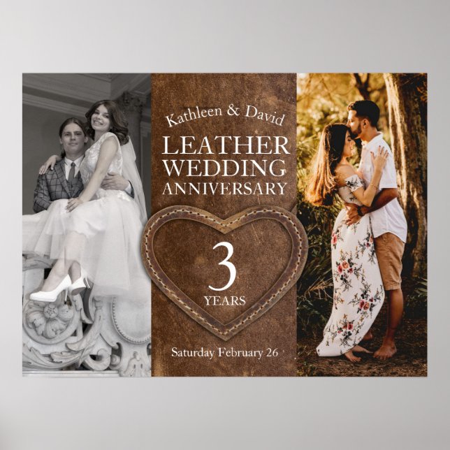 Affiche Cuir 3e anniversaire de mariage cœur fête (Devant)