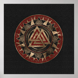 Affiche Cuir de symbole de Valknut et or noirs et rouges