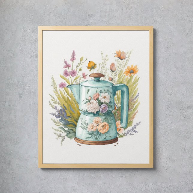 Affiche Cuisine à café floral Aquarelle Boho botanique (Floral Coffee Kitchen Watercolor Botanical Boho Poster
)