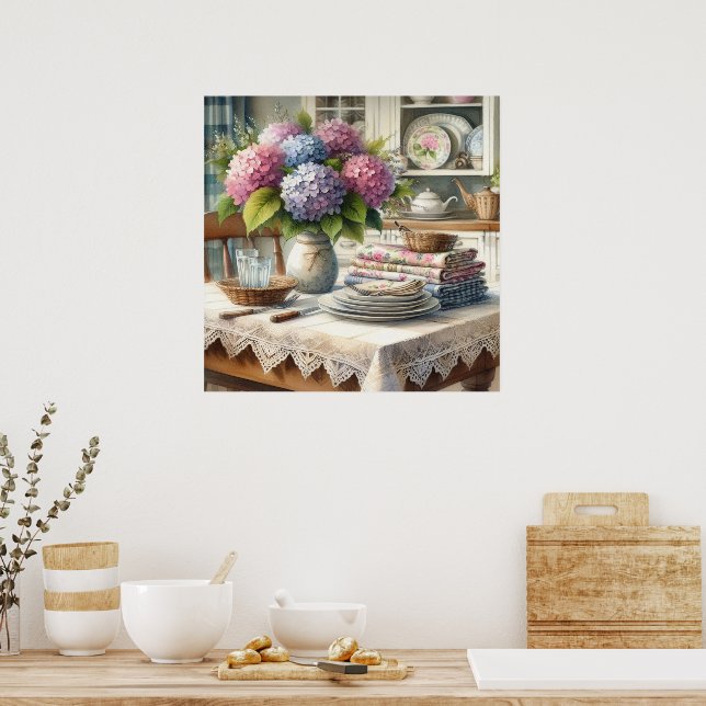 Affiche Cuisine de Ferme avec Fleurs d'Hortensia (Cuisine)