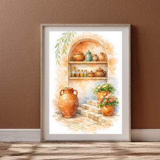 Affiche Cuisine marocaine en terre cuite aquarelle
