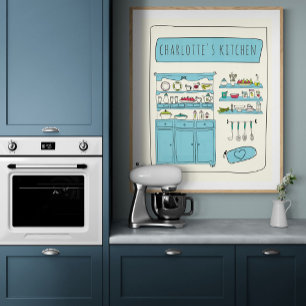 Affiche Cuisine mignonne Illustration Bleu Nom personnalis