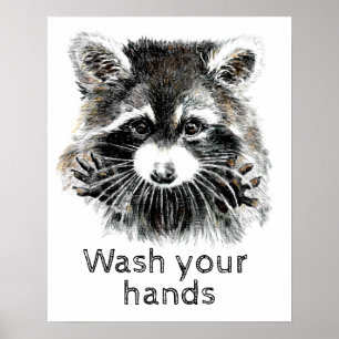 Affiche Cuisine salle de bain Lavez vos mains Raccoon Anim
